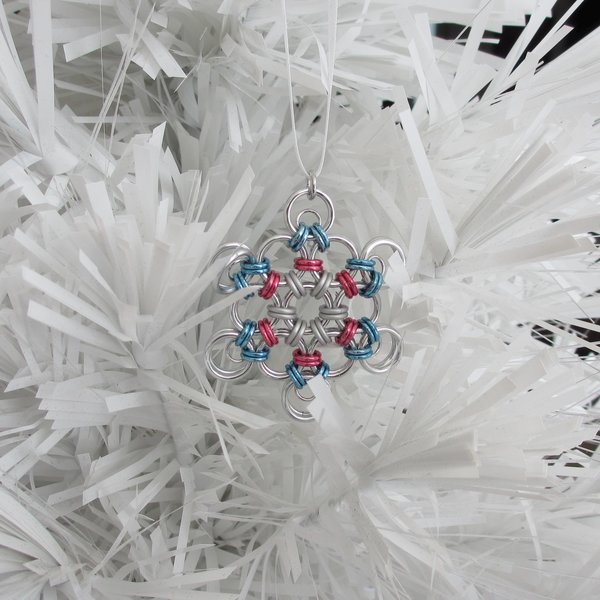 Transgender pride snowflake ornament, handmade chainmail holiday decoration in blue, pink and white