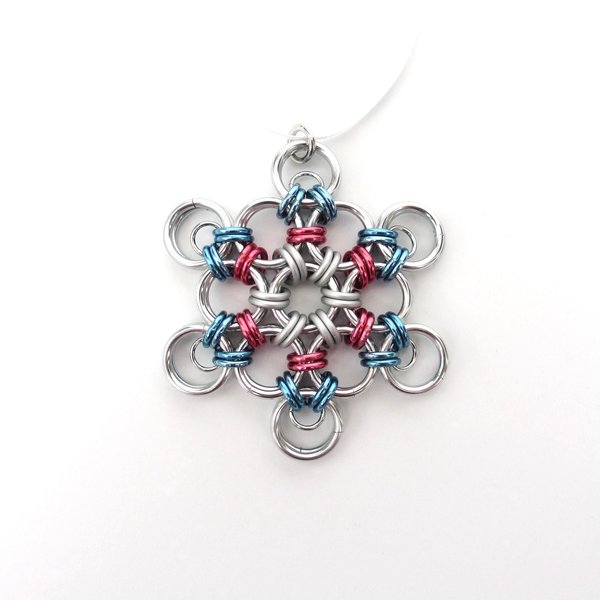 Transgender pride snowflake ornament, handmade chainmail holiday decoration in blue, pink and white