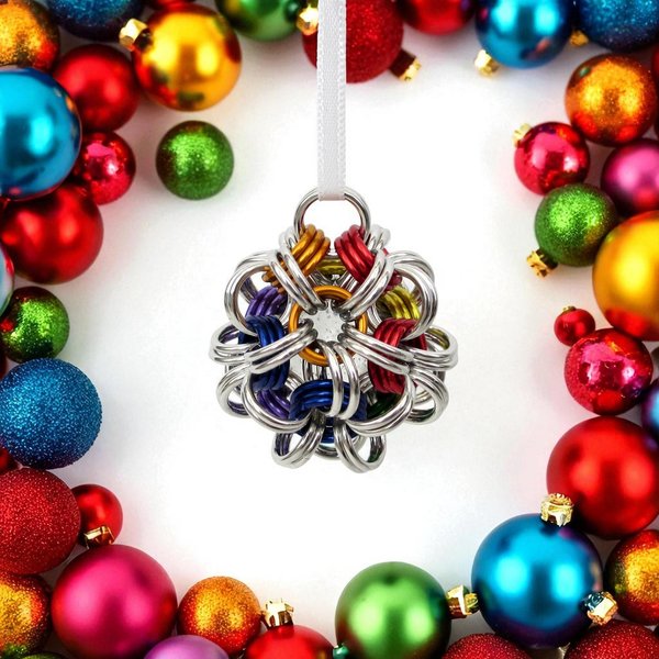 Gay pride ball ornament, rainbow chainmail LGBTQ holiday decoration