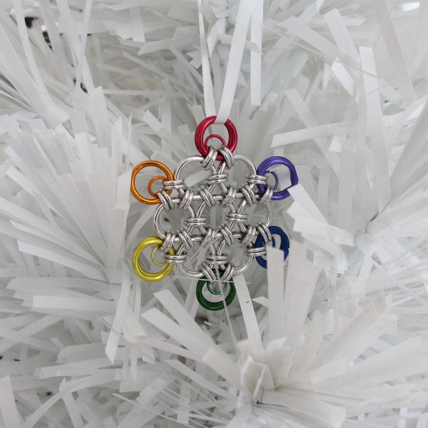 Gay pride snowflake ornament, handmade rainbow chainmail holiday decoration