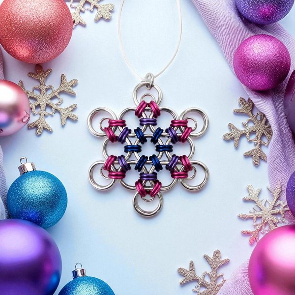 Bisexual pride snowflake ornament, handmade LGBTQ chainmail holiday decoration