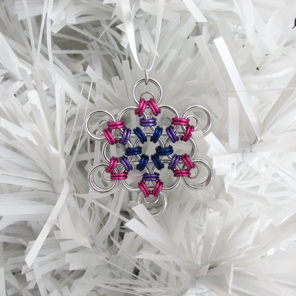 Bisexual pride snowflake ornament, handmade LGBTQ chainmail holiday decoration