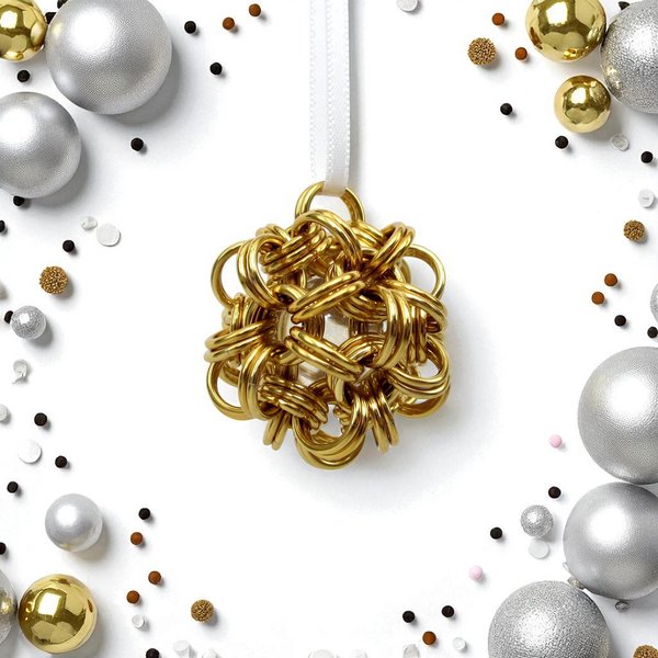 Gold Christmas ornament, chainmail ball holiday decoration or bag charm