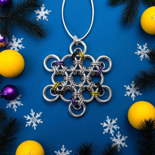 Nonbinary pride snowflake ornament, handmade LGBTQ chainmail holiday decoration