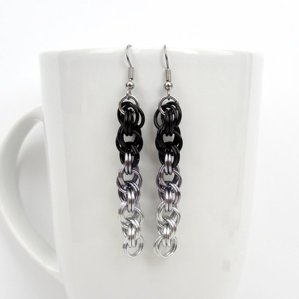Handmade Chainmail Double Spiral Earrings - Ombre Black to Silver