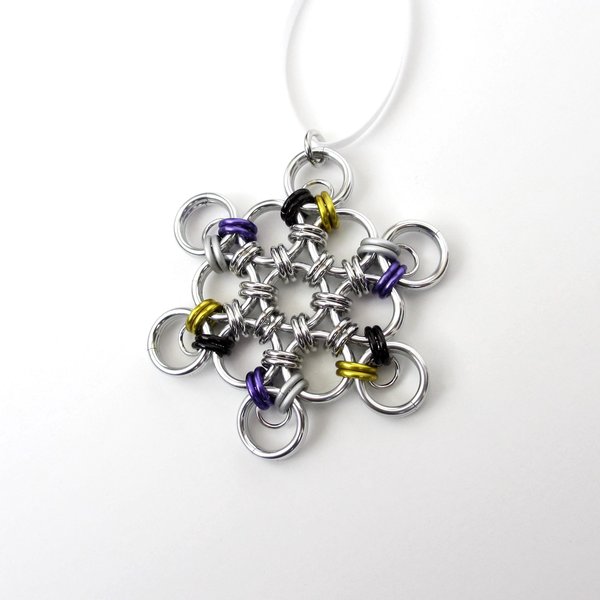 Nonbinary pride snowflake ornament, handmade LGBTQ chainmail holiday decoration