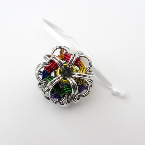 Gay pride ball ornament, rainbow chainmail LGBTQ holiday decoration