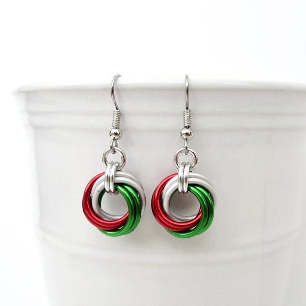 Red, green & white knot earrings, handmade chainmail Christmas jewelry