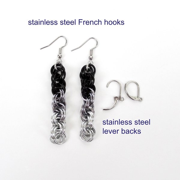 Handmade Chainmail Double Spiral Earrings - Ombre Black to Silver