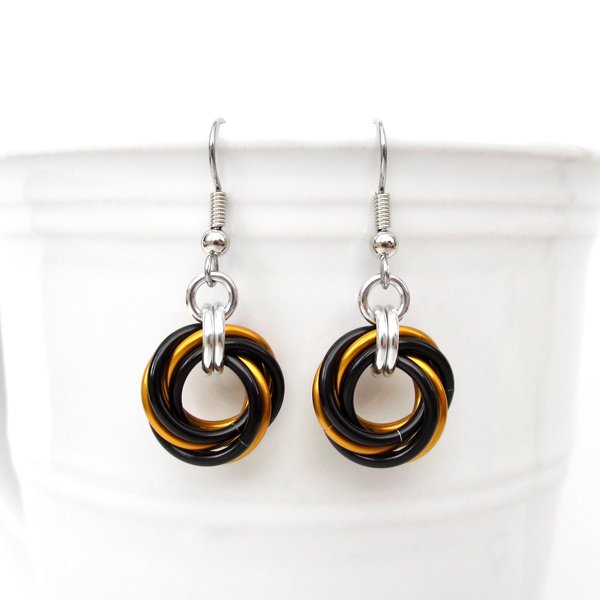 Orange & black knot earrings, handmade chainmail Halloween jewelry
