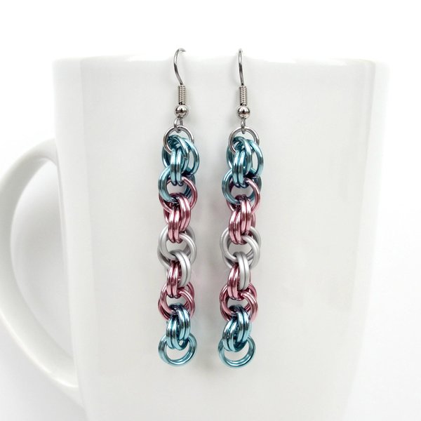 Transgender pride earrings, handmade chainmail spiral weave jewelry