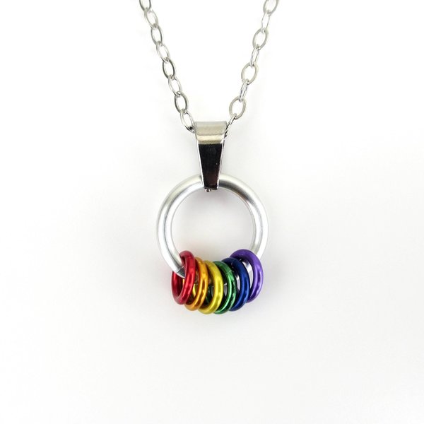 Minimalist Gay Pride Pendant with Floating Rainbow Rings - Handmade LGBTQ Jewelry 