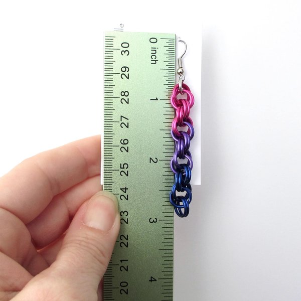 Bi pride earrings, handmade chainmail spiral weave anodized aluminum dangle jewelry