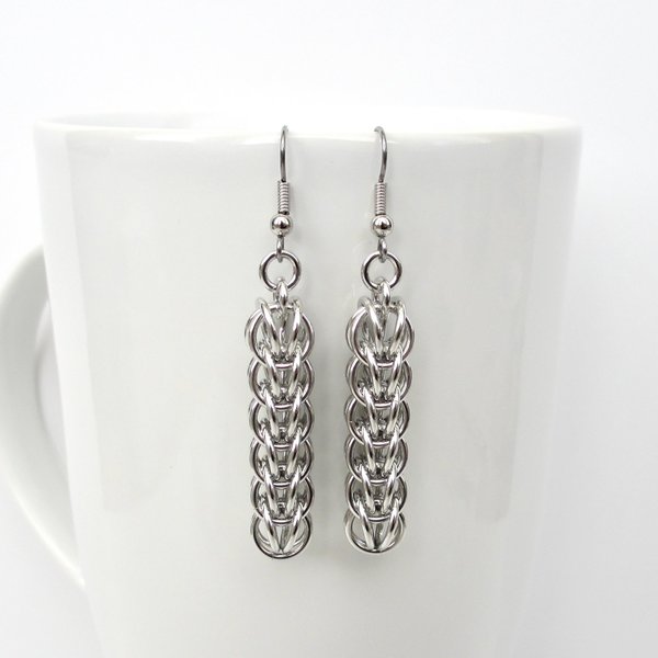 Silver Aluminum Chainmail Earrings, Handmade Full Persian Weave, Lightweight Everyday Jewelry