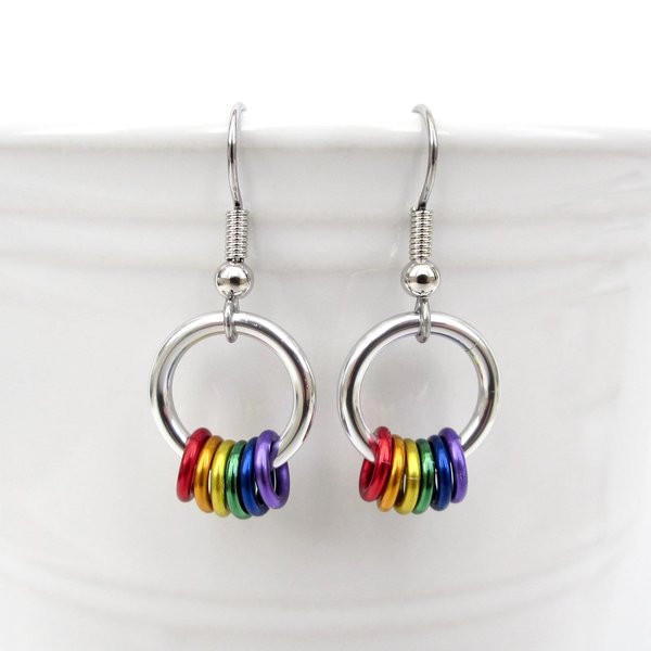Minimalist Gay Pride Earrings with Floating Rainbow Rings - Handmade Jewelry