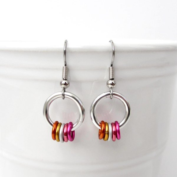Minimalist Lesbian Pride Earrings with Floating Rings in Sunset Flag Colors - Handmade LGBTQ Jewelry