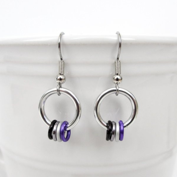Minimalist Asexual Pride Earrings with Floating Rings in Ace Flag Colors - Handmade LGBTQIA Jewelry