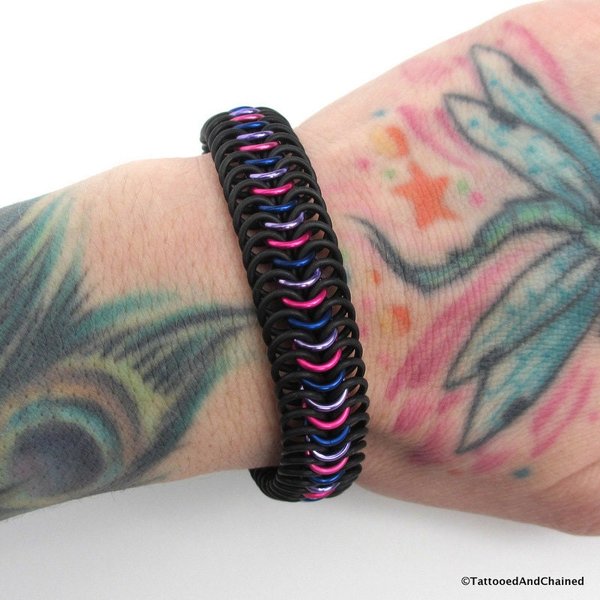 Bi pride bracelet, stretchy chainmail bisexual jewelry in pink, purple and blue