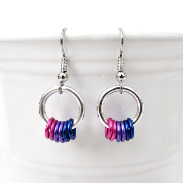Minimalist Handmade Bisexual Pride Earrings with Pink, Purple, and Blue Floating Rings