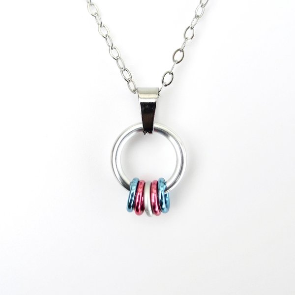 Minimalist Transgender Pride Pendant with Floating Rings in Trans Flag Colors - Handmade LGBTQ Jewelry
