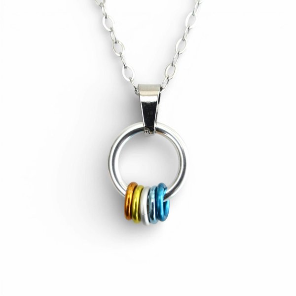Minimalist Aroace Pride Pendant with Floating Rings in Orange, Yellow, White, Light Blue & Blue - Handmade LGBTQ+ Jewelry