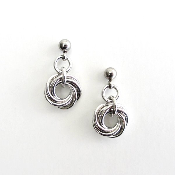 Silver Mini Love Knot Earrings - Minimalist Handmade Anodized Aluminum Jewelry with Post Ear Wires