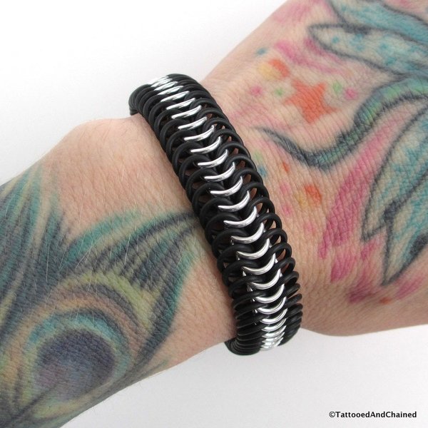 Silver aluminum and black stretchy bracelet, chainmaille Euro 6 in 1 weave, rubber bracelet