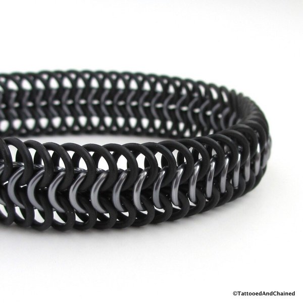 Gray and black bracelet for women or men, stretchy chainmail bracelet, Euro 6 in 1 weave, rubber bracelet