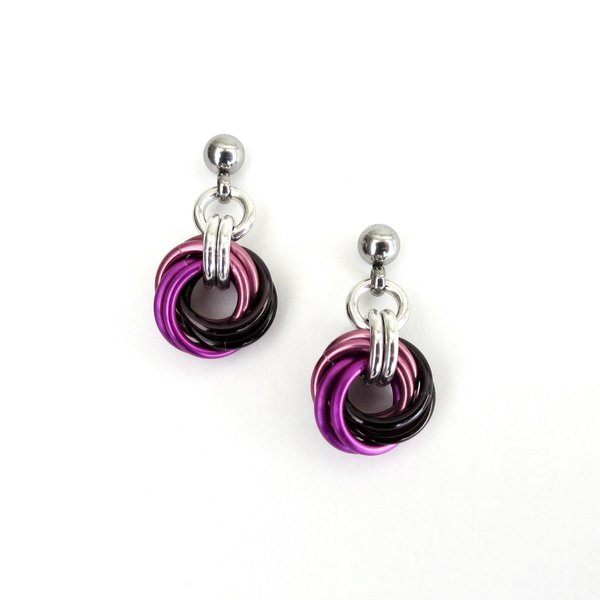 Mauve Violet Black Mini Chainmail Love Knot Drop Earrings: Handmade Minimalist Anodized Aluminum Jewelry
