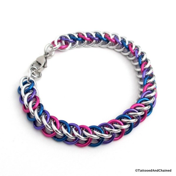 Bisexual pride bracelet, chainmail half Persian 3 in 1 bracelet for men or women, bi pride jewelry, pink purple blue