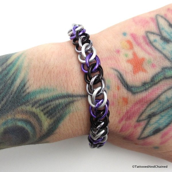 Ace pride bracelet, chainmail half Persian 3 in 1 bracelet for women or men, asexual pride jewelry, black gray white purple