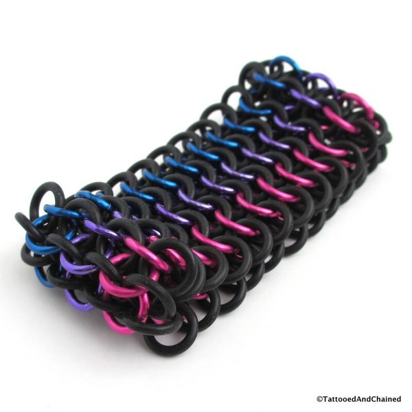 Bisexual pride bracelet, stretchy chainmail cuff bracelet, pink purple blue, European 4 in 1 weave bi pride jewelry