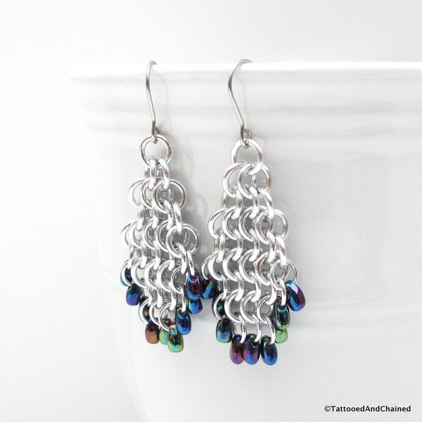 Beaded chainmail earrings, blue iris beads and silver earrings, European 4 in 1 weave chainmail jewelry, tear drop shaped