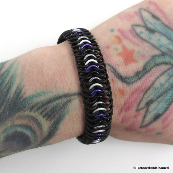 Ace pride bracelet, stretchy chainmail bracelet, asexual pride jewelry; black, gray, white, purple