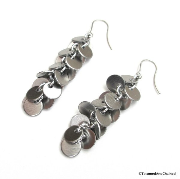 Chainmail earrings, shaggy earrings, chainmail jewelry, long silver earrings, brushed aluminum confetti earrings