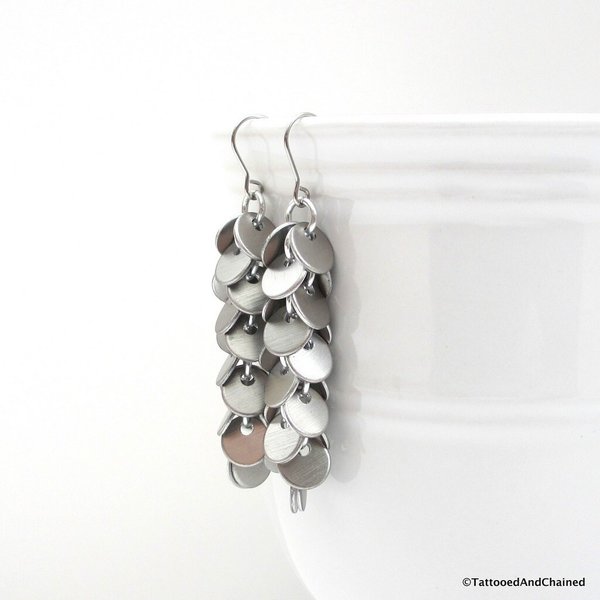 Chainmail earrings, shaggy earrings, chainmail jewelry, long silver earrings, brushed aluminum confetti earrings