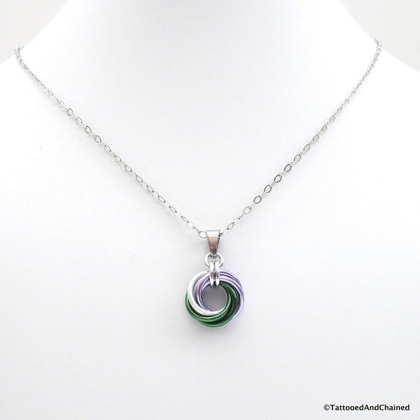 Genderqueer pride pendant necklace, chainmail love knot; lavender, white, and green nonbinary jewelry