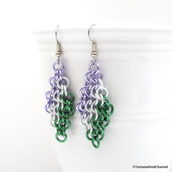 Genderqueer pride earrings, Euro 4 in 1 chainmail earrings; lavender, white, green