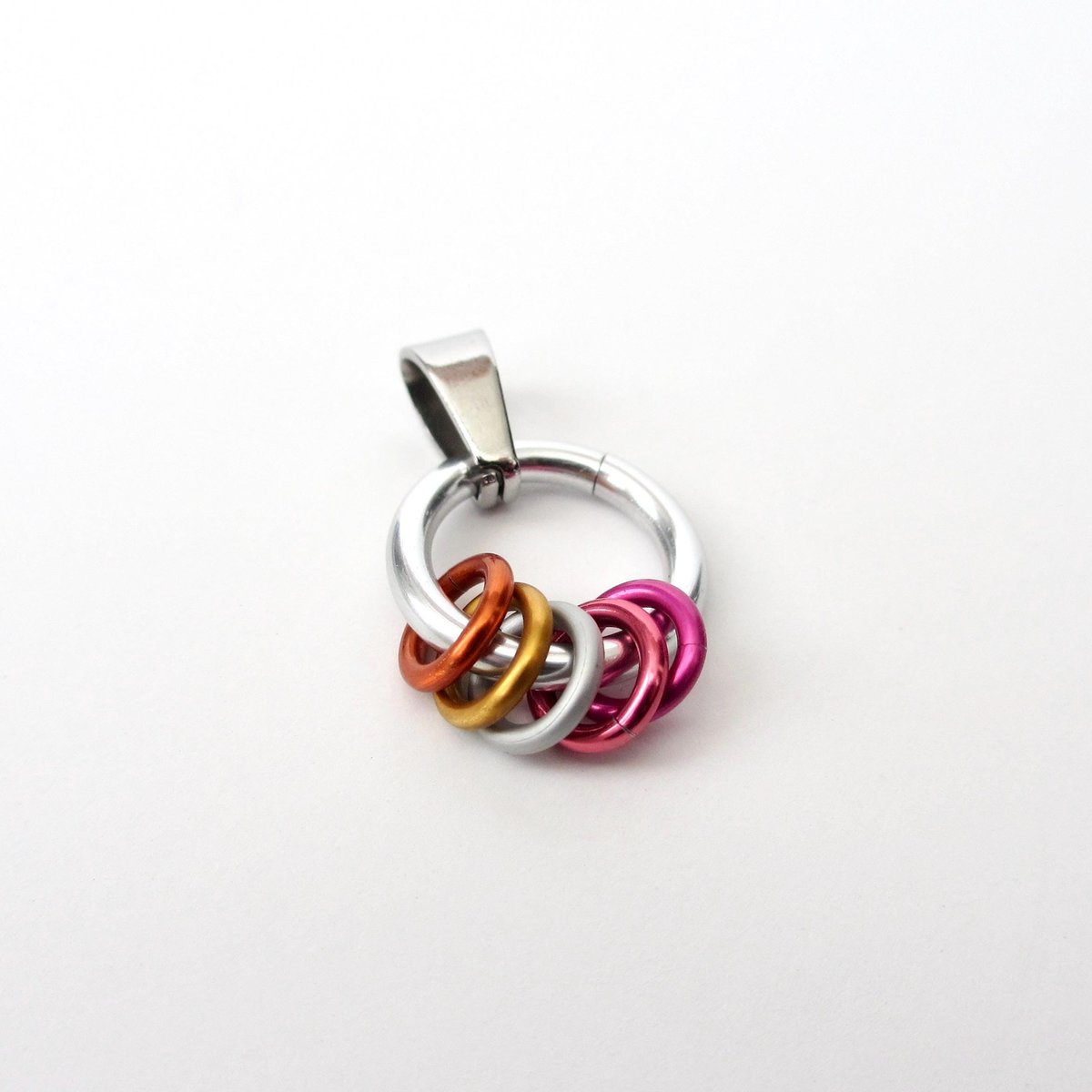 Minimalist Lesbian Pride Pendant with Floating Rings in Sunset Flag Colors - Handmade LGBTQ Jewelry