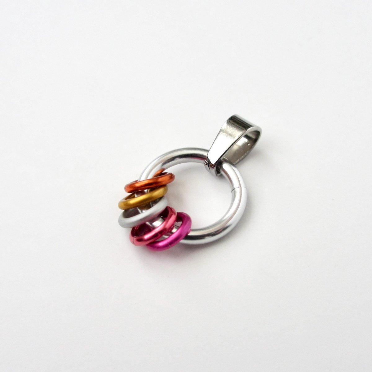 Minimalist Lesbian Pride Pendant with Floating Rings in Sunset Flag Colors - Handmade LGBTQ Jewelry