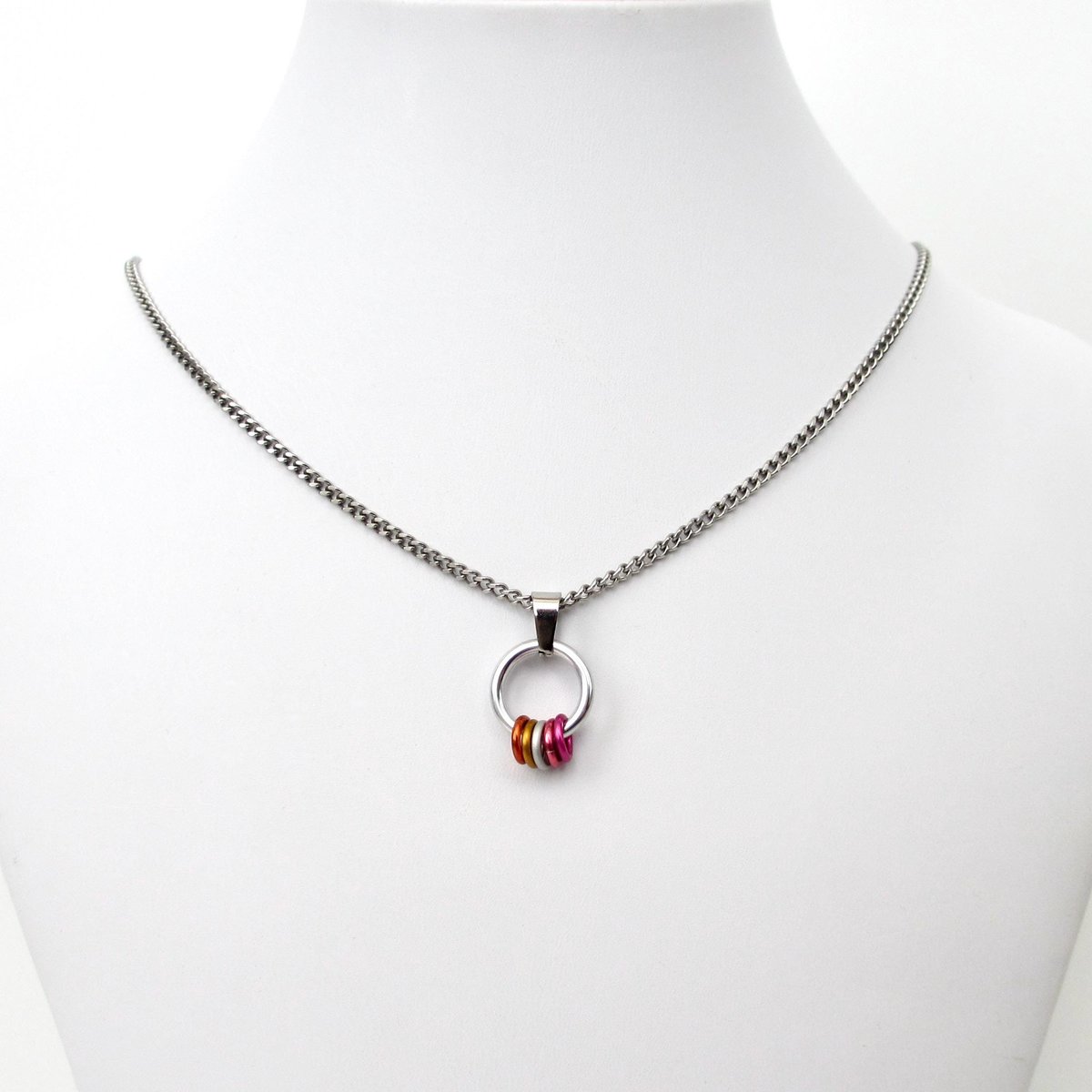 Minimalist Lesbian Pride Pendant with Floating Rings in Sunset Flag Colors - Handmade LGBTQ Jewelry