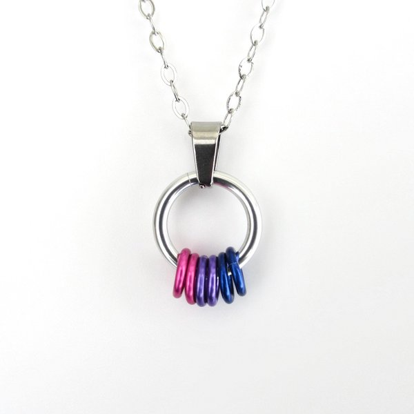 Minimalist Bisexual Pride Pendant with Pink, Purple, & Blue Floating Rings - Handmade LGBTQ Jewelry