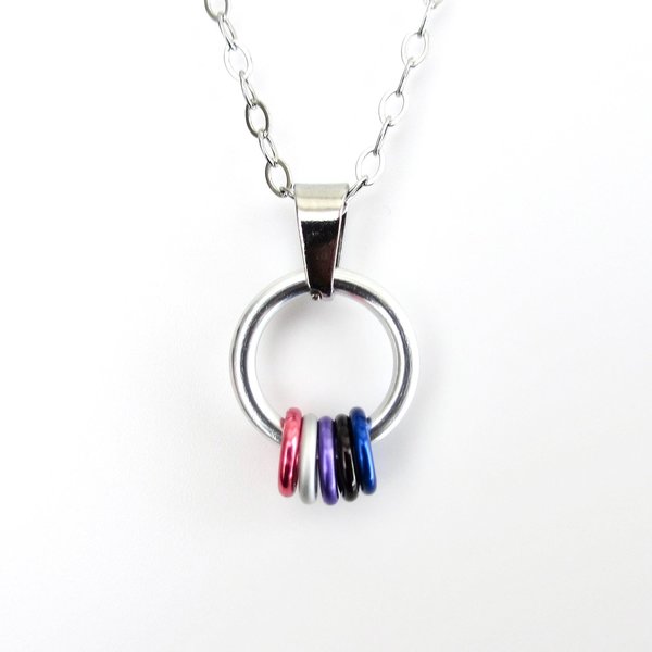 Minimalist Genderfluid Pride Pendant with Pink, White, Purple, Black & Blue Floating Rings - Handmade LGBTQ+ Jewelry